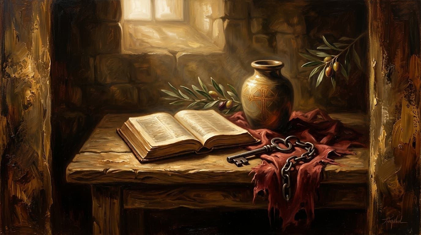 Illustration for "What does the Bible say about forgiveness: the cost and the gift" — warm, painterly scene inspired by the article's themes