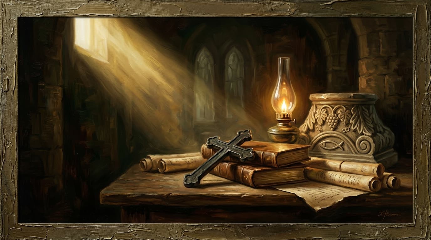 Illustration for "Christian theology explained: core beliefs through history" — warm, painterly scene inspired by the article's themes