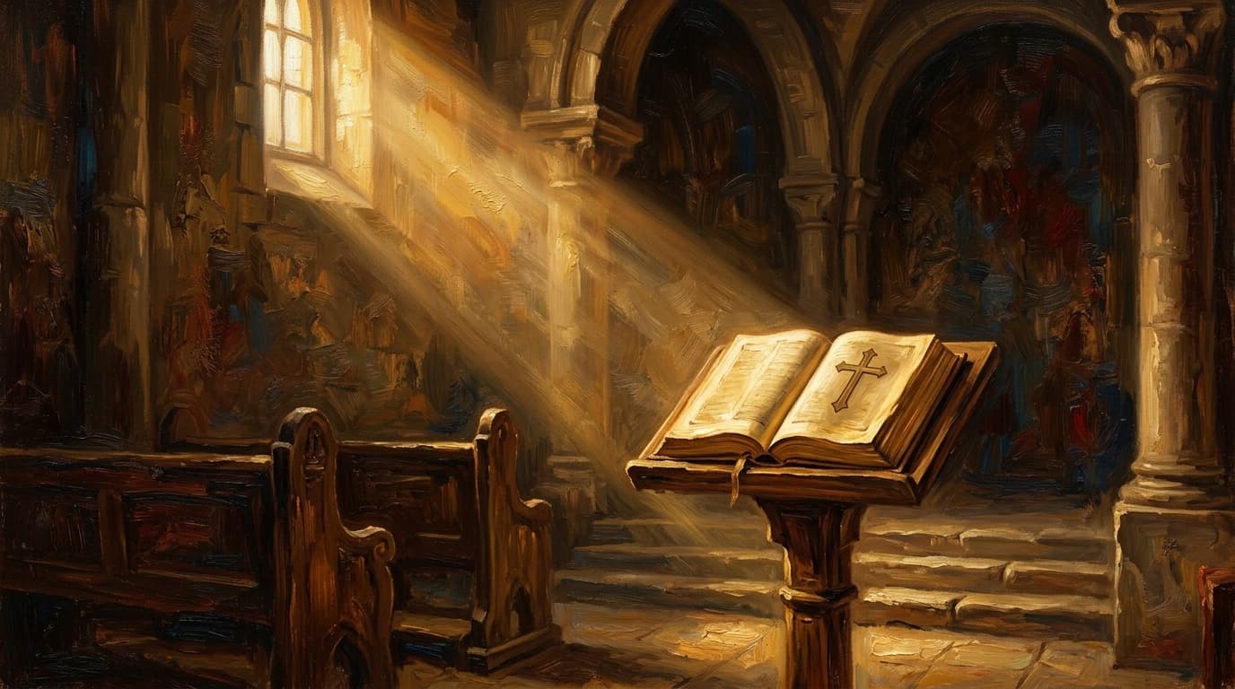 Illustration for "The history of faith in the church" — warm, painterly scene inspired by the article's themes