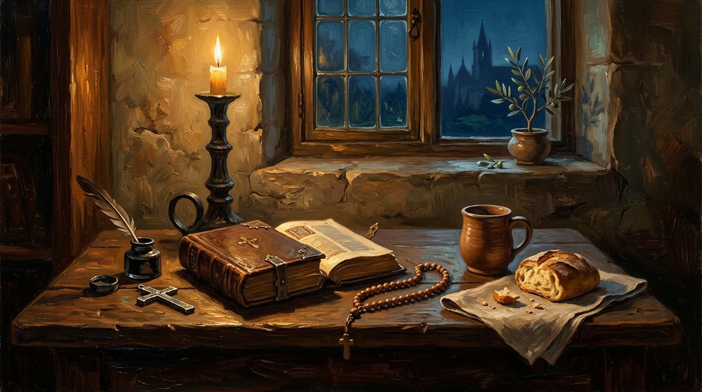 Illustration for "How to build a prayer life: from church fathers to your kitchen table" — warm, painterly scene inspired by the article's themes