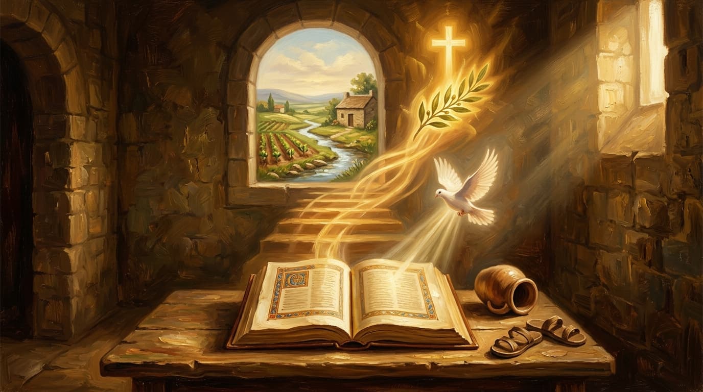 Illustration for "The Lord's Prayer: unfolding its layers of meaning" — warm, painterly scene inspired by the article's themes