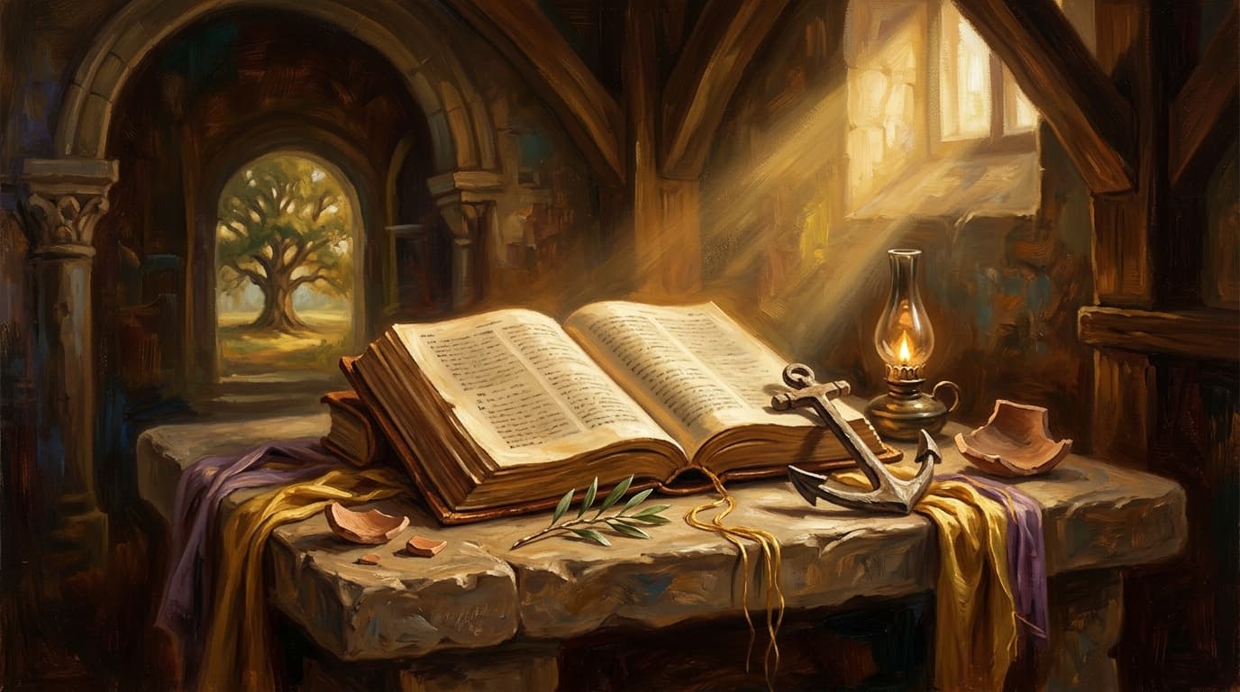 Illustration for "Understanding the promise of Romans 8:28" — warm, painterly scene inspired by the article's themes