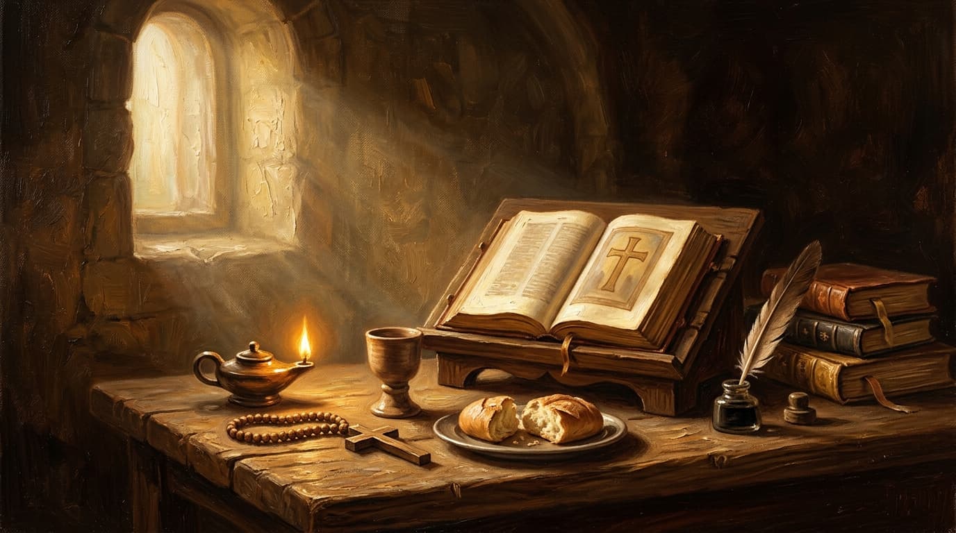 Illustration for "The spiritual disciplines: a field guide to historic Christian practices" — warm, painterly scene inspired by the article's themes