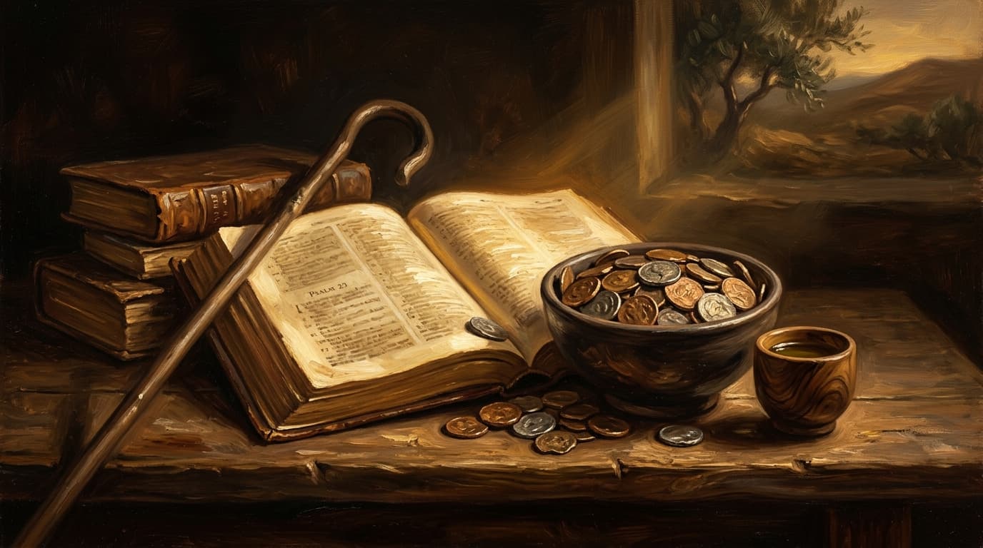 Illustration for "What does the Bible say about money? A theology of stewardship" — warm, painterly scene inspired by the article's themes