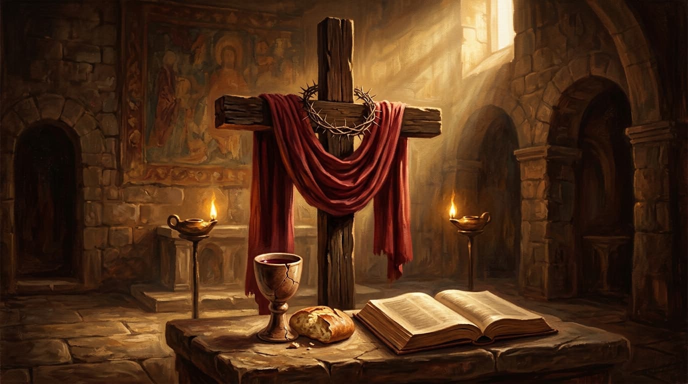 Illustration for "What is atonement: understanding the theology of the cross" — warm, painterly scene inspired by the article's themes