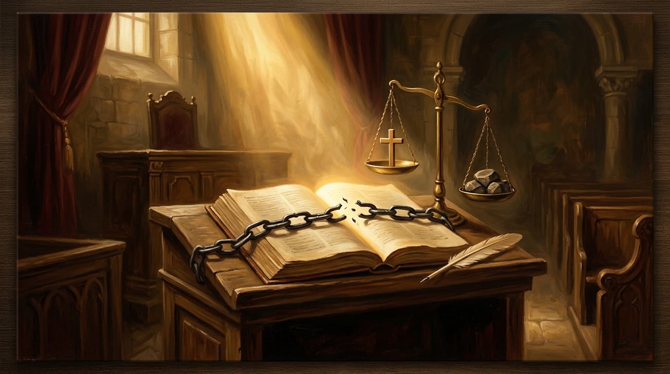 Illustration for "What is justification? The courtroom metaphor that reshapes everything" — warm, painterly scene inspired by the article's themes