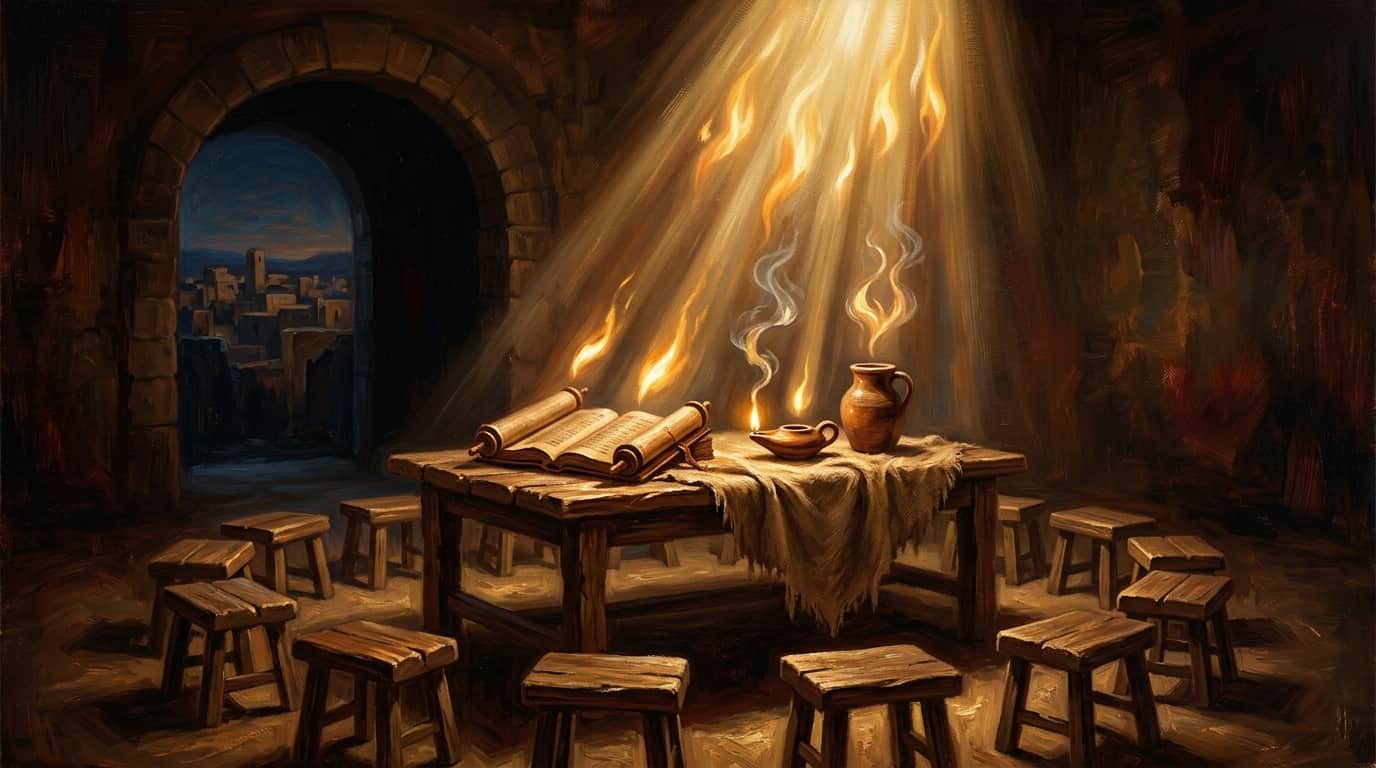 Pentecost scene with Scripture open to Acts 2 and symbols of fire and wind
